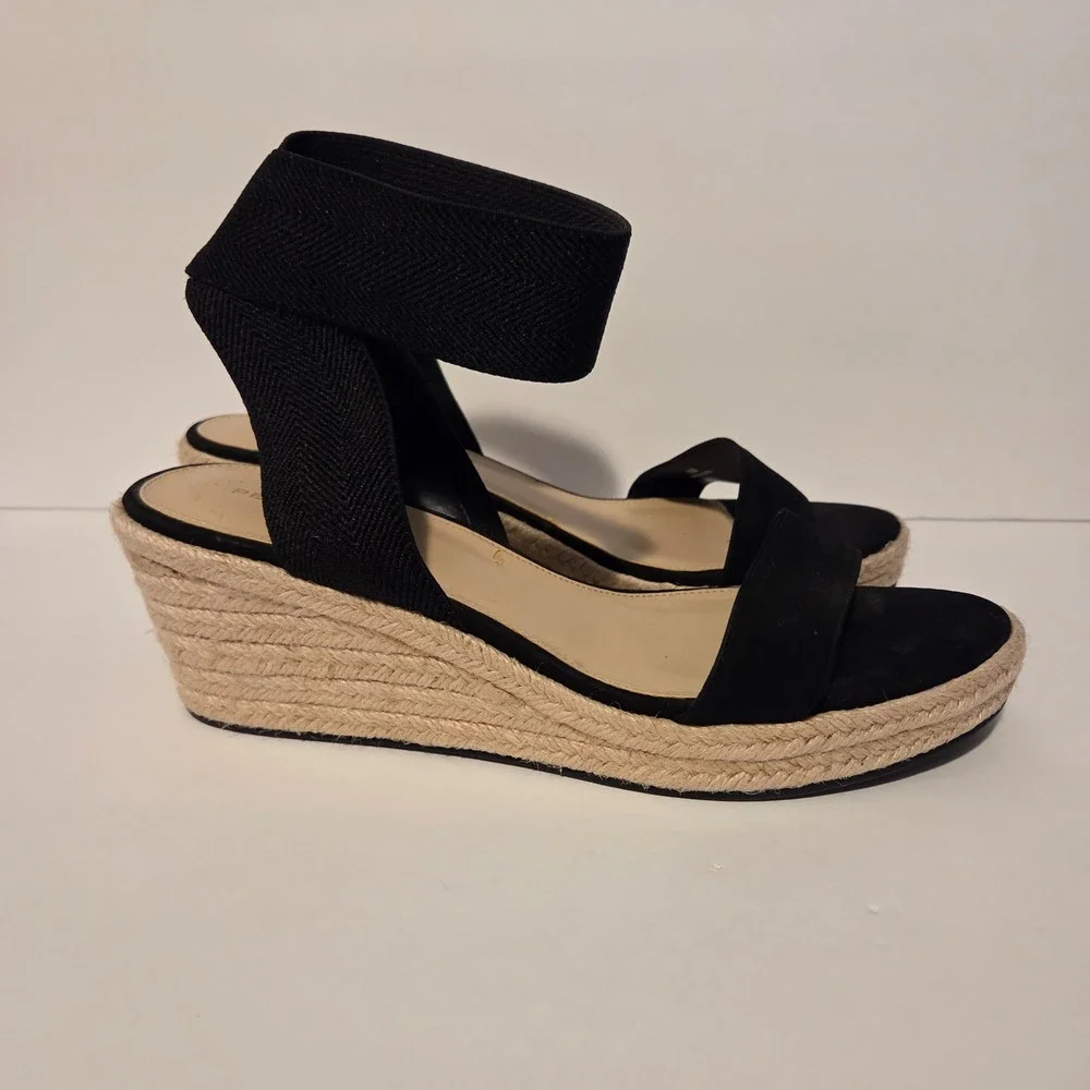 Pelle Moda Womens Black Suede Espadrille Wedge Sandals Elastic Ankle Strap 10M